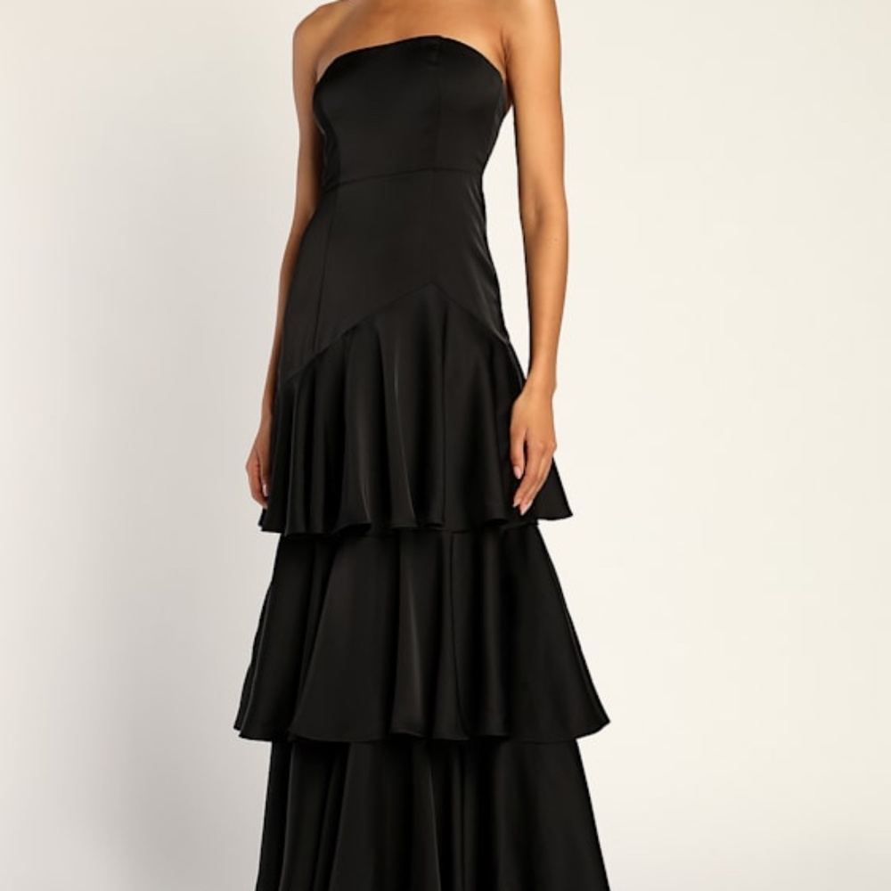 Lulus Blissfully Beautiful Black Satin Strapless Tiered Maxi Dress - Size M